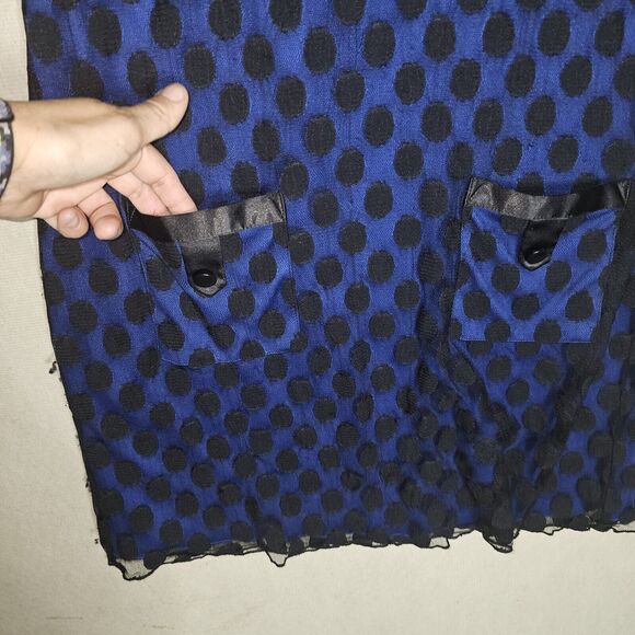 Enfocus Studio Blue Dress Women Size 12 Black Polka Dot Mesh Layer w Pockets - Picture 6 of 10